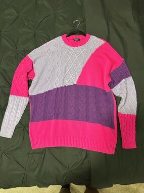 Boohoo Mens Colorblock Cable Knit Crewneck - Hot Pink, Lavender, Purple
